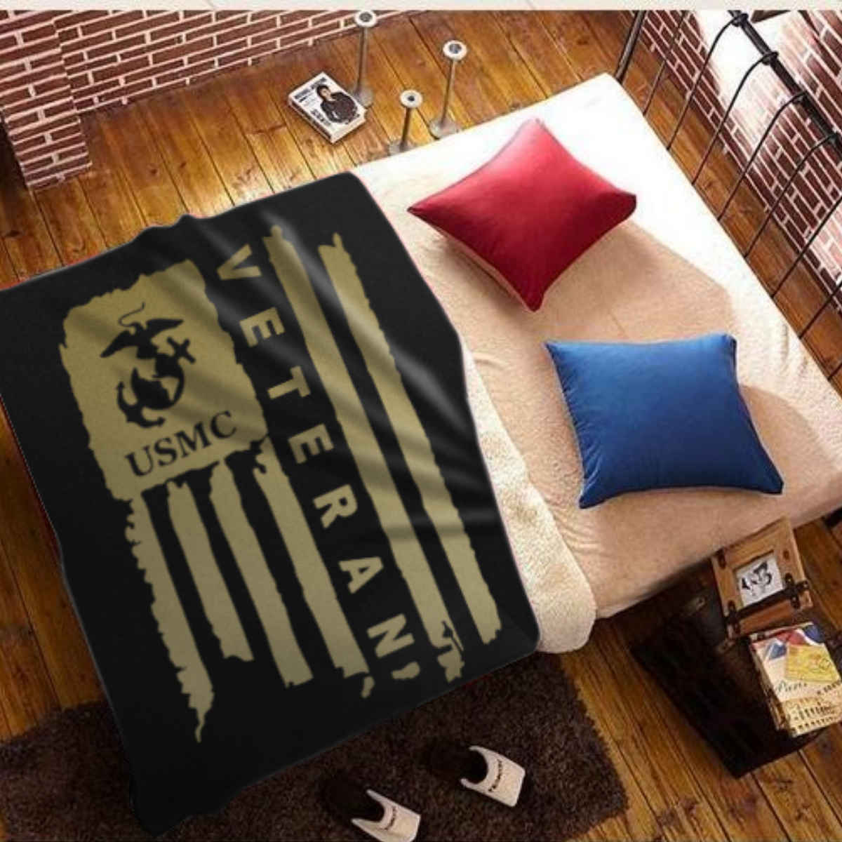 United States Marine Corps Veteran Sherpa Blanket - 50x60 + Free Matching 3x5 Single Reverse Flag
