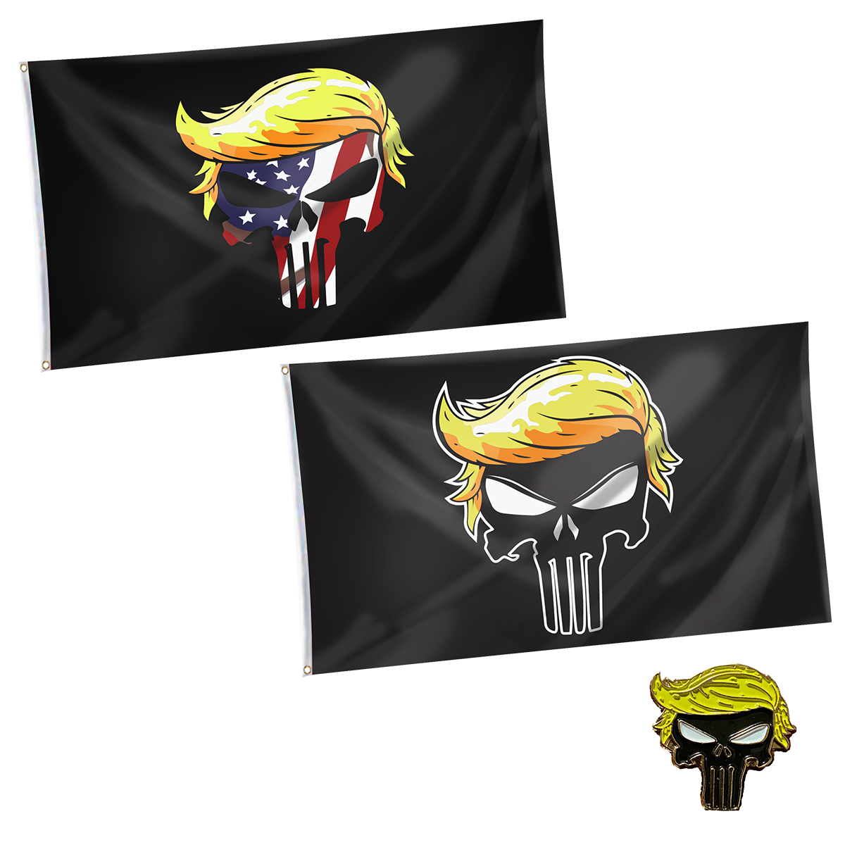 Trump Punisher Flag + Trump USA Punisher Flag + Trump Punisher Pin Bundle