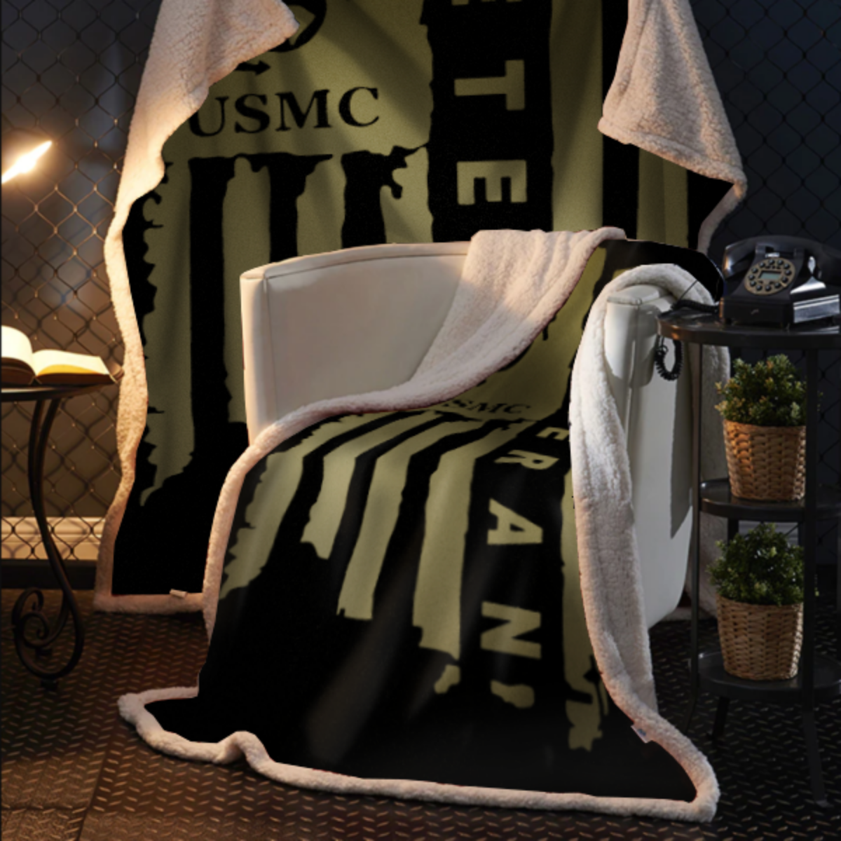 United States Marine Corps Veteran Sherpa Blanket - 50x60 + Free Matching 3x5 Single Reverse Flag