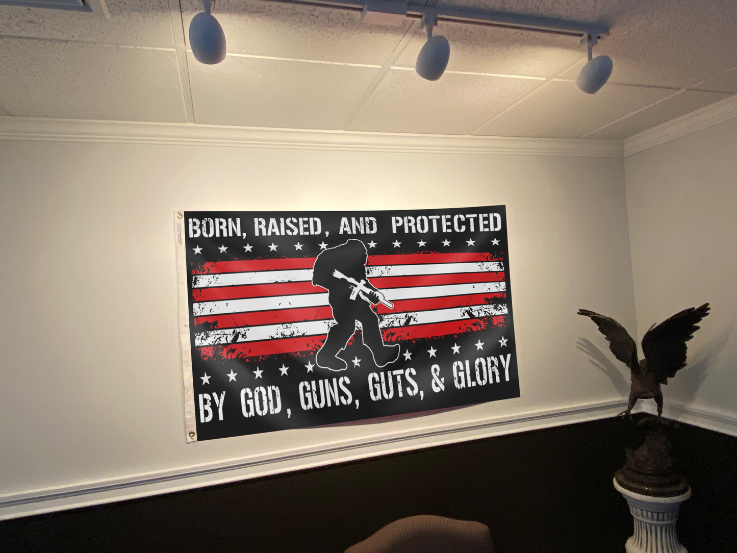 Born Raised and Protected Big Foot USA Flag