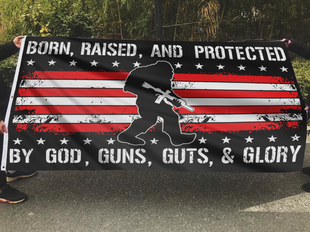 Born Raised and Protected Big Foot USA Flag