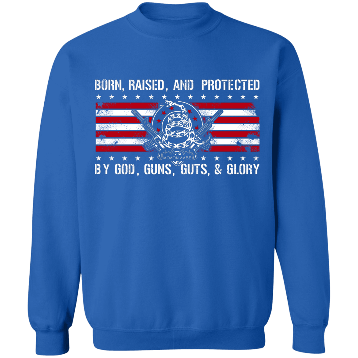 Born Raised and Protected By God, Guns, Guts and Glory 2nd Amendment Pullover Sweatshirt 8 oz.