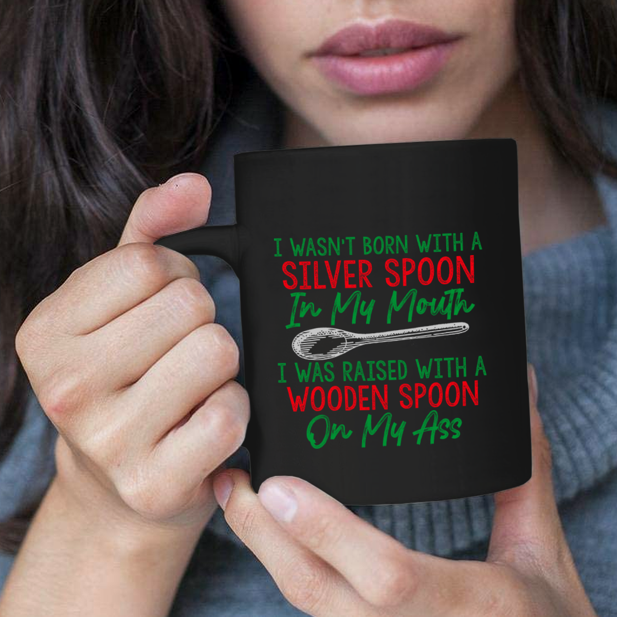 Raised with a Wooden Spoon 11 oz. Black Mug
