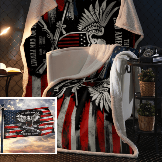 It's My Gun Permit - 2nd Amendment Sherpa Blanket - 50x60 + Free Matching 3x5' Single Reverse Flag