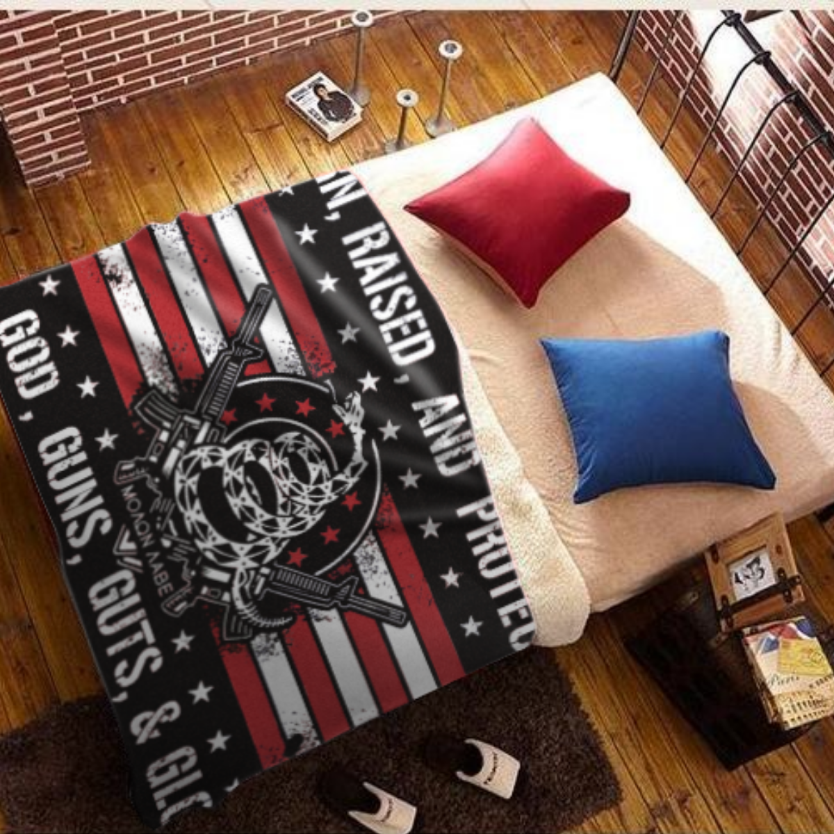 Born Raised and Protected By God, Guns, Guts and Glory 2nd Amendment Sherpa Blanket - 50x60 + Free Matching 3x5' Single Reverse Flag