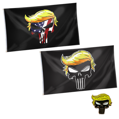 Trump Punisher Flag + Trump USA Punisher Flag + Trump Punisher Pin Bundle