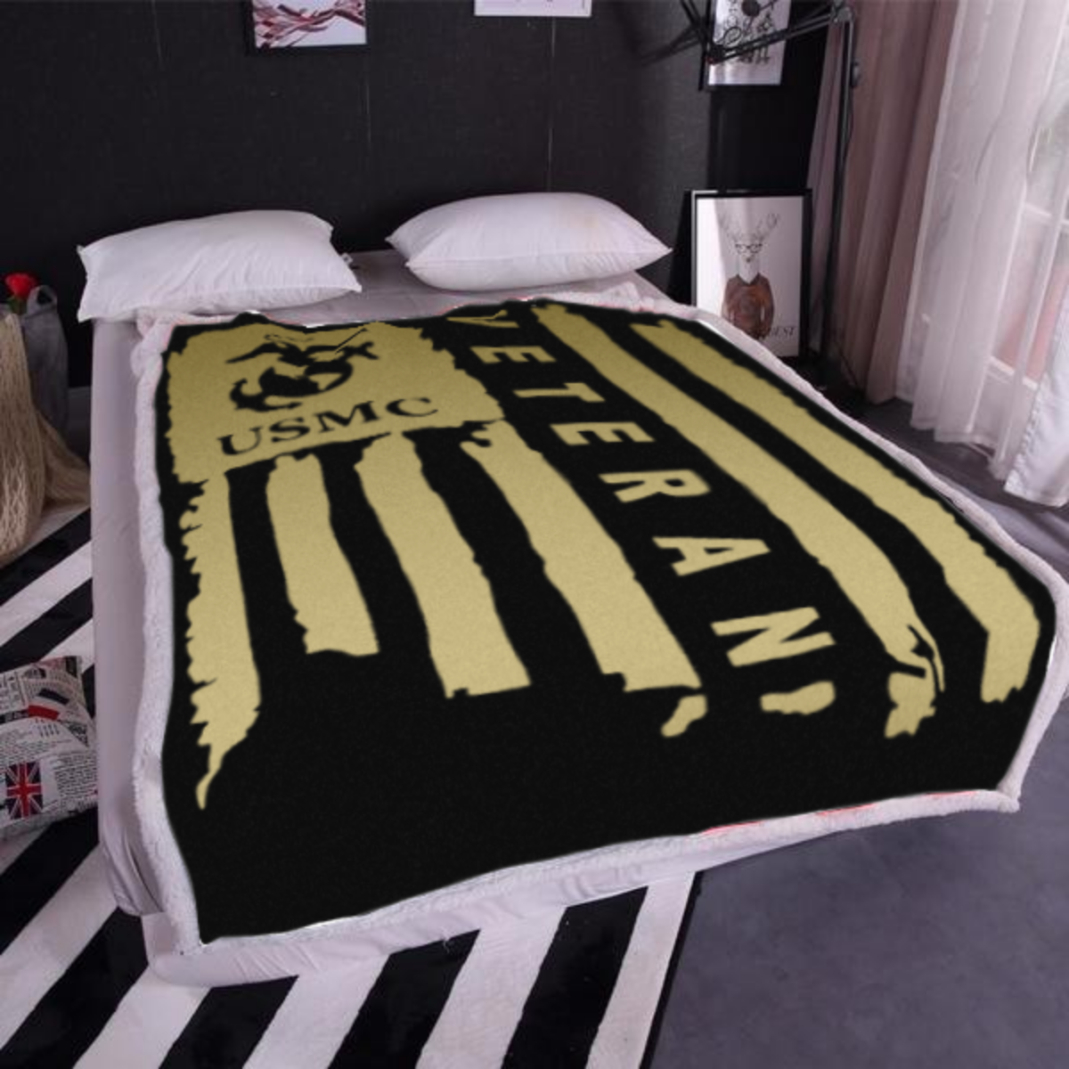 United States Marine Corps Veteran Sherpa Blanket - 50x60 + Free Matching 3x5 Single Reverse Flag