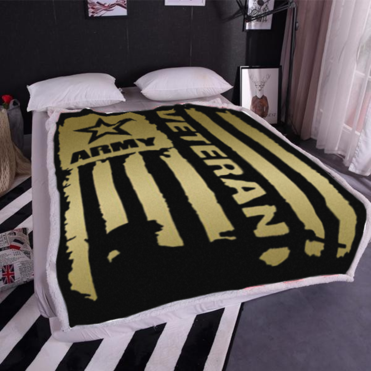 United States Army Veteran Sherpa Blanket - 50x60 + Free Matching 3x5 Single Reverse Flag