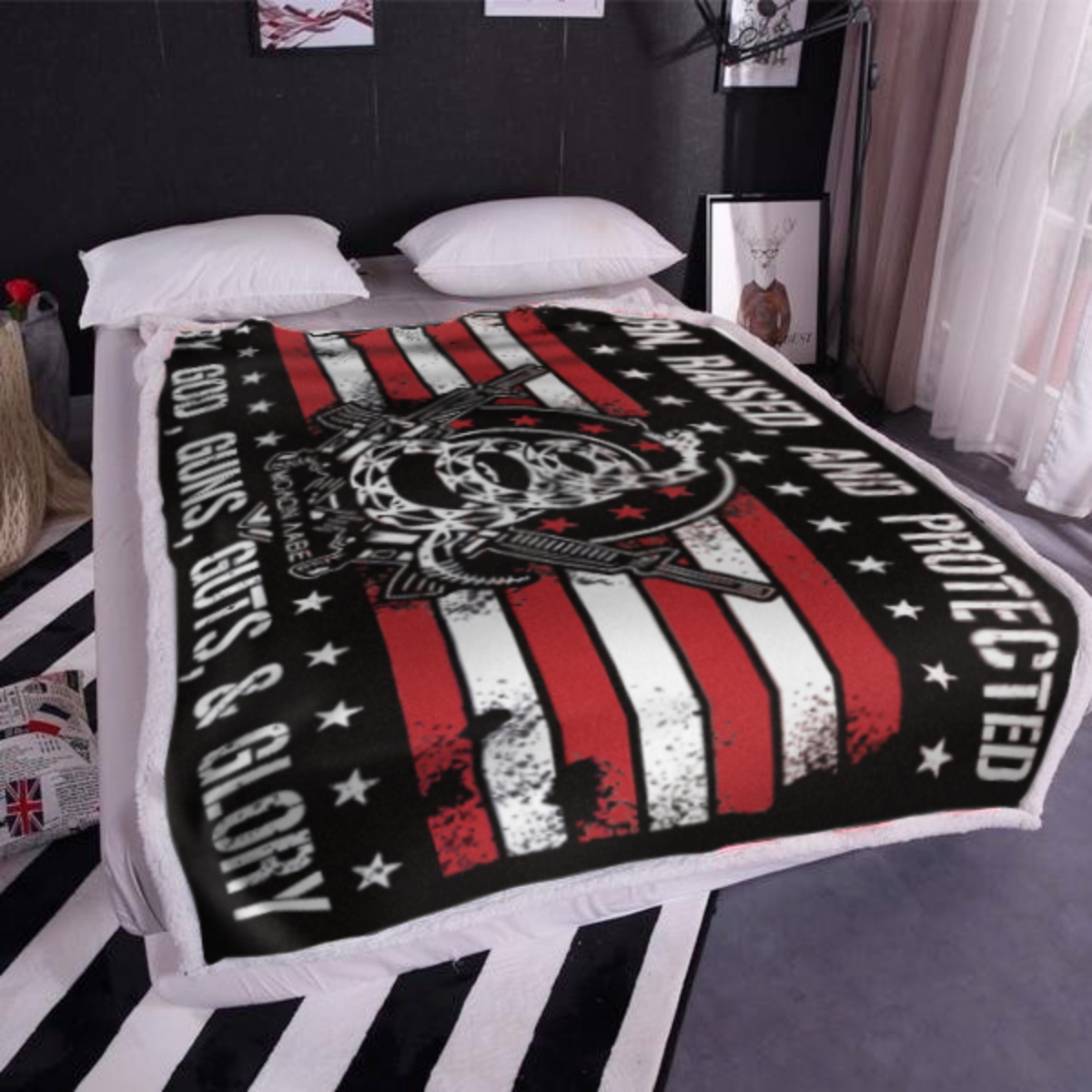 Born Raised and Protected By God, Guns, Guts and Glory 2nd Amendment Sherpa Blanket - 50x60 + Free Matching 3x5' Single Reverse Flag