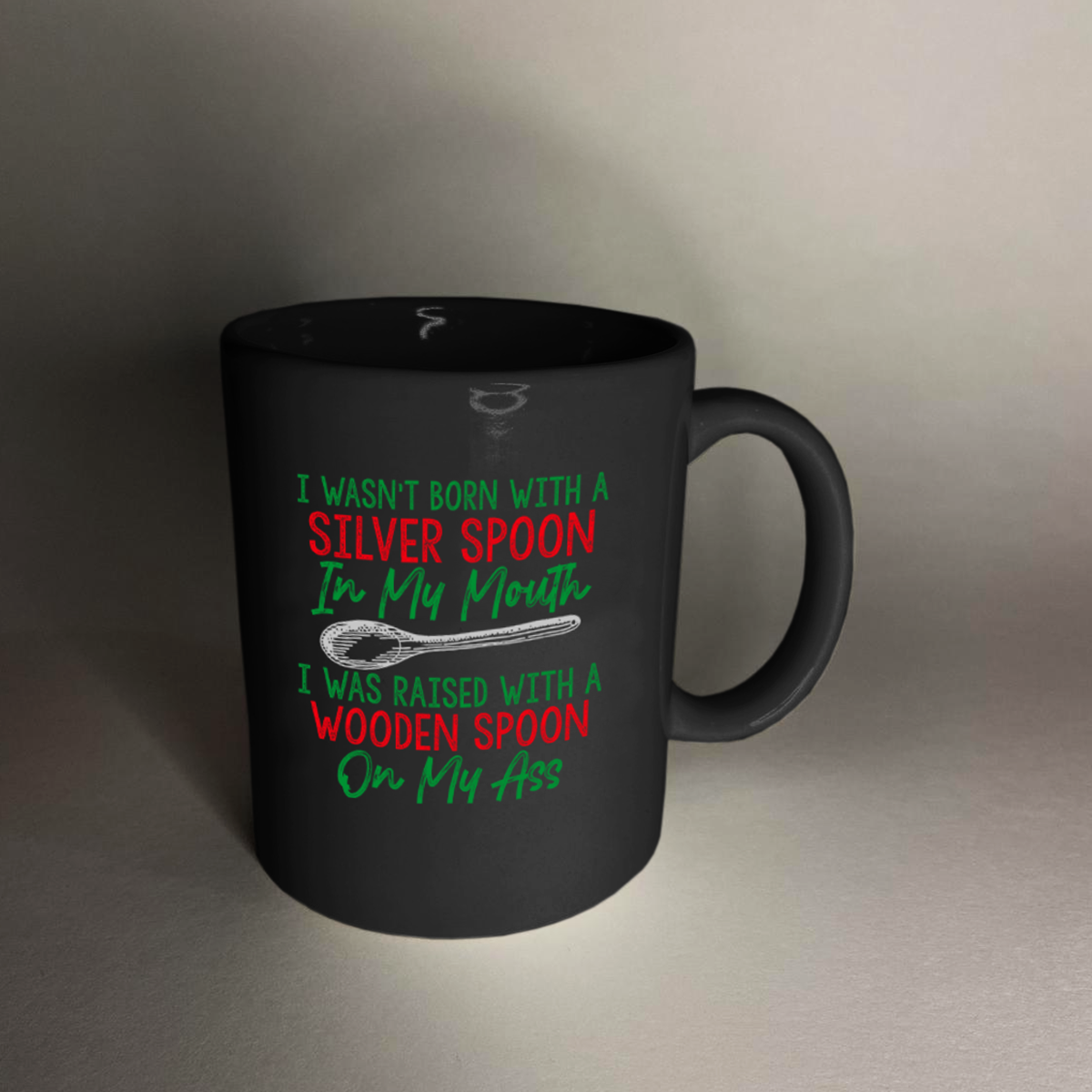Raised with a Wooden Spoon 11 oz. Black Mug