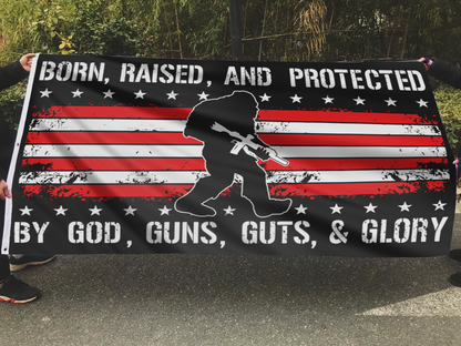Born Raised and Protected Big Foot USA Flag