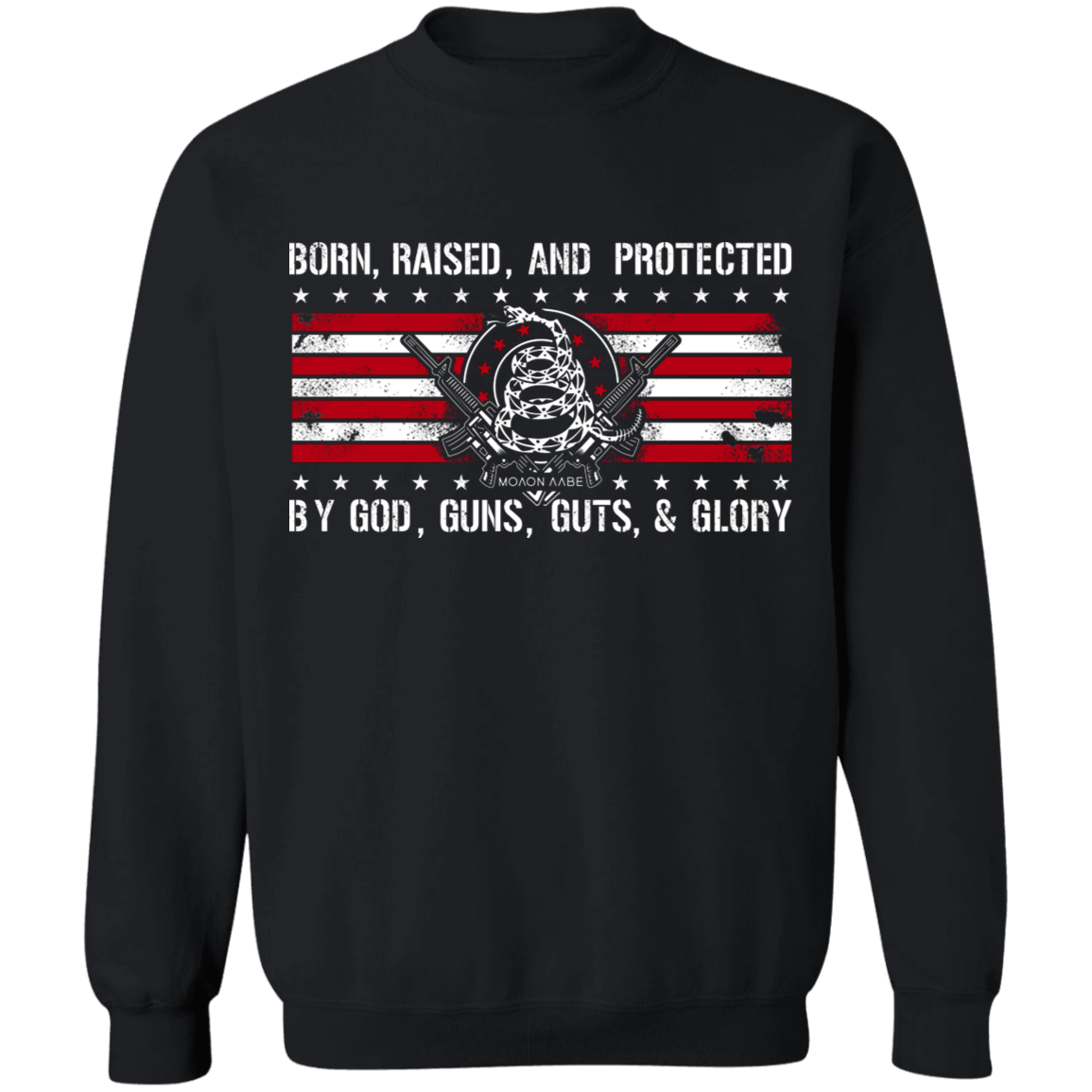 Born Raised and Protected By God, Guns, Guts and Glory 2nd Amendment Pullover Sweatshirt  8 oz.
