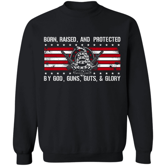 Born Raised and Protected By God, Guns, Guts and Glory 2nd Amendment Pullover Sweatshirt  8 oz.