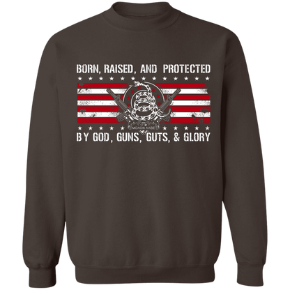 Born Raised and Protected By God, Guns, Guts and Glory 2nd Amendment Pullover Sweatshirt  8 oz.