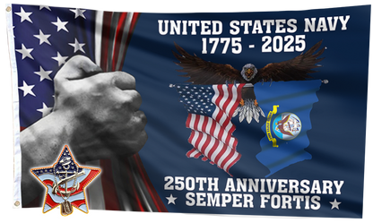 U.S. Navy 250 Years Anniversary Flag + Veteran Pin - Bundle