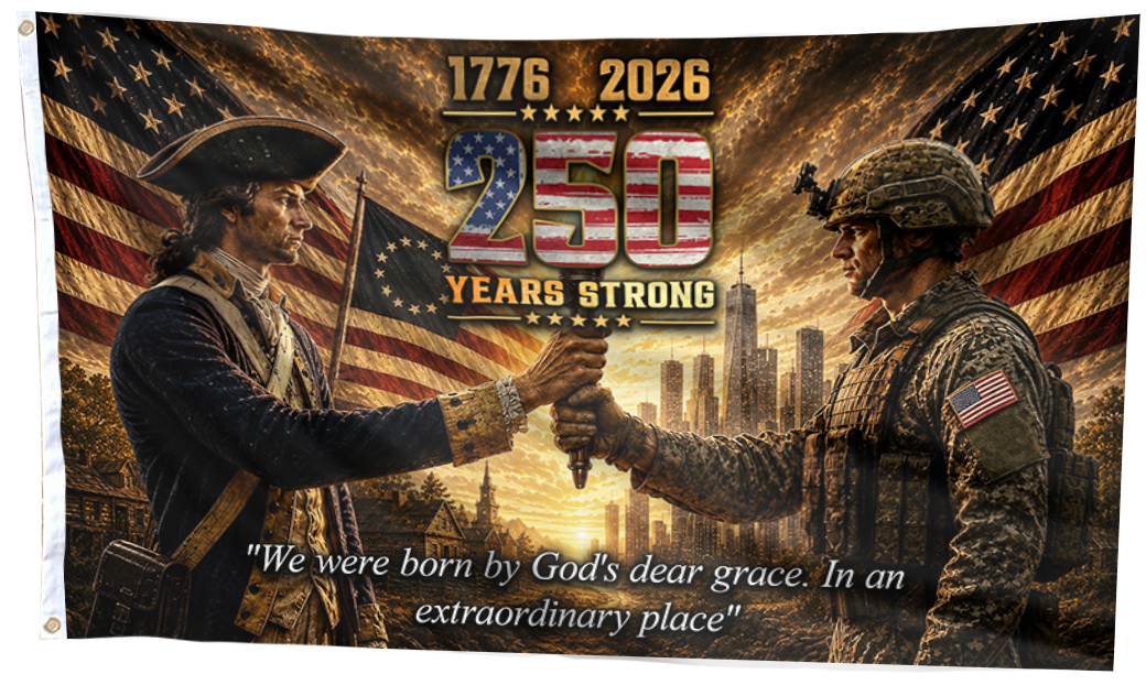 250 Years Strong - We were Born By God's Dear Grace Flag