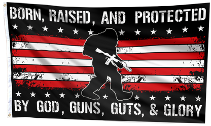 Born Raised and Protected Big Foot USA Flag