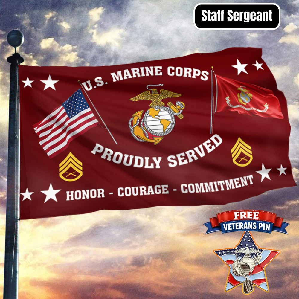 United States Marine Corps - Staff Sergeant Flag  + Veteran Pin