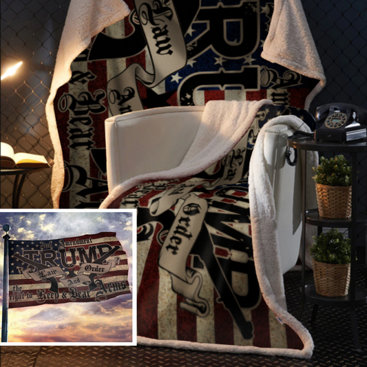 TRUMP 2020 LAW and ORDER 2nd AMENDMENT GUNS SHM Sherpa Blanket - 50x60 + FREE MATCHING 3x5 SINGLE REVERSE FLAG