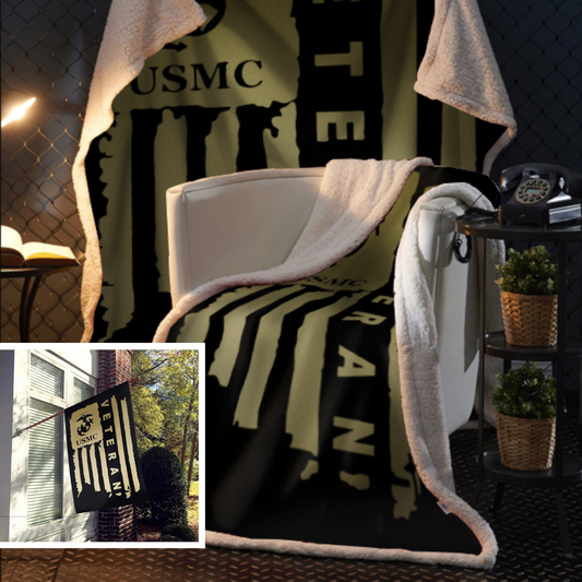 United States Marine Corps Veteran Sherpa Blanket - 50x60 + Free Matching 3x5 Single Reverse Flag