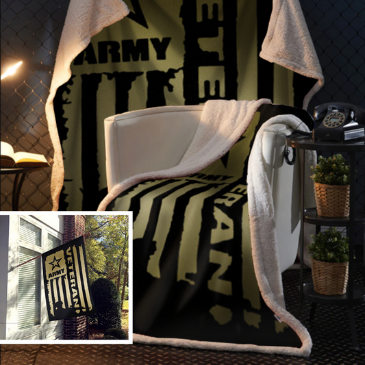 United States Army Veteran Sherpa Blanket - 50x60 + Free Matching 3x5 Single Reverse Flag