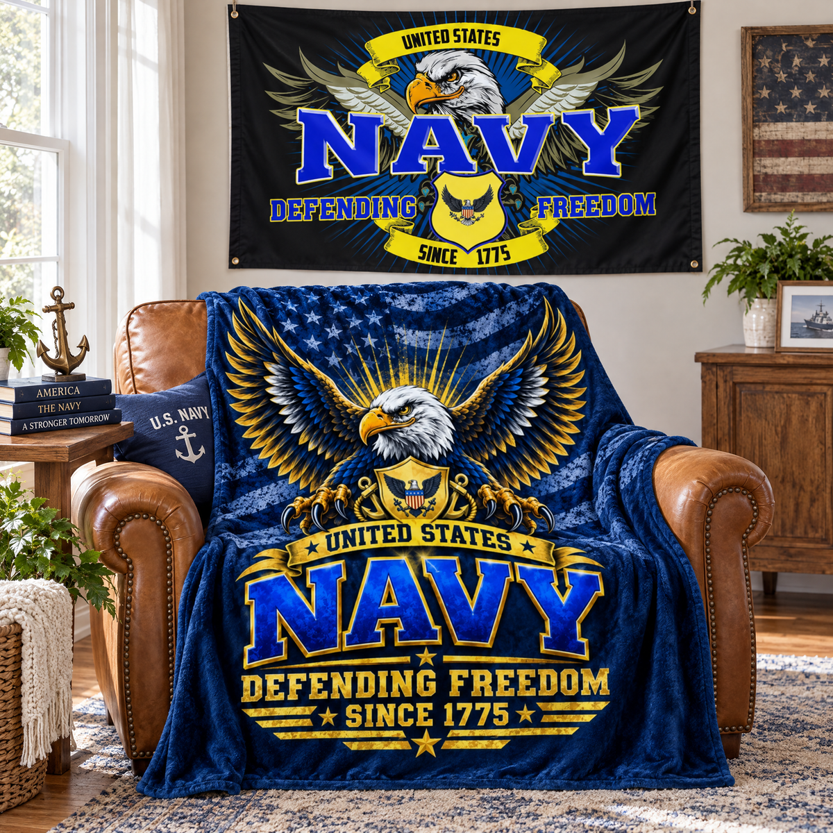United States Navy Blanket + Navy Defending Freedom Flag Bundle