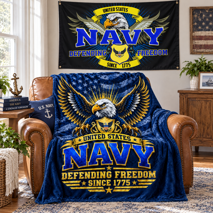 United States Navy Blanket + Navy Defending Freedom Flag Bundle