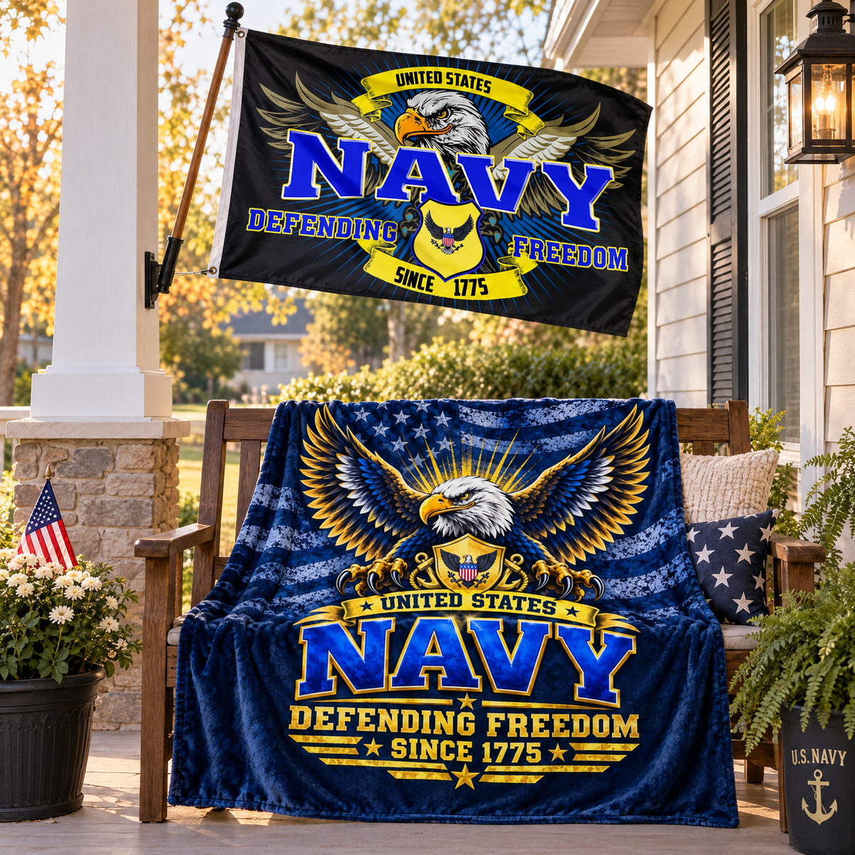 United States Navy Blanket + Navy Defending Freedom Flag Bundle