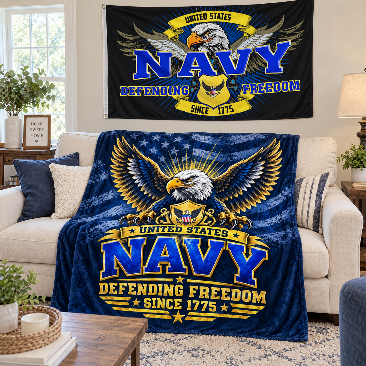 United States Navy Blanket + Navy Defending Freedom Flag Bundle