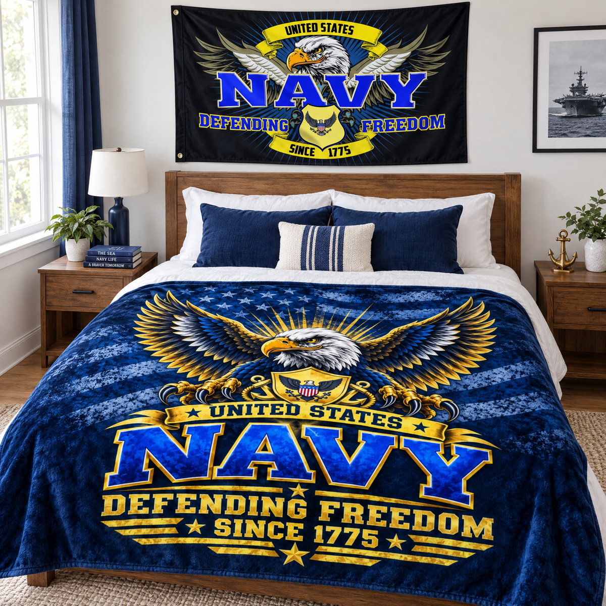 United States Navy Blanket + Navy Defending Freedom Flag Bundle