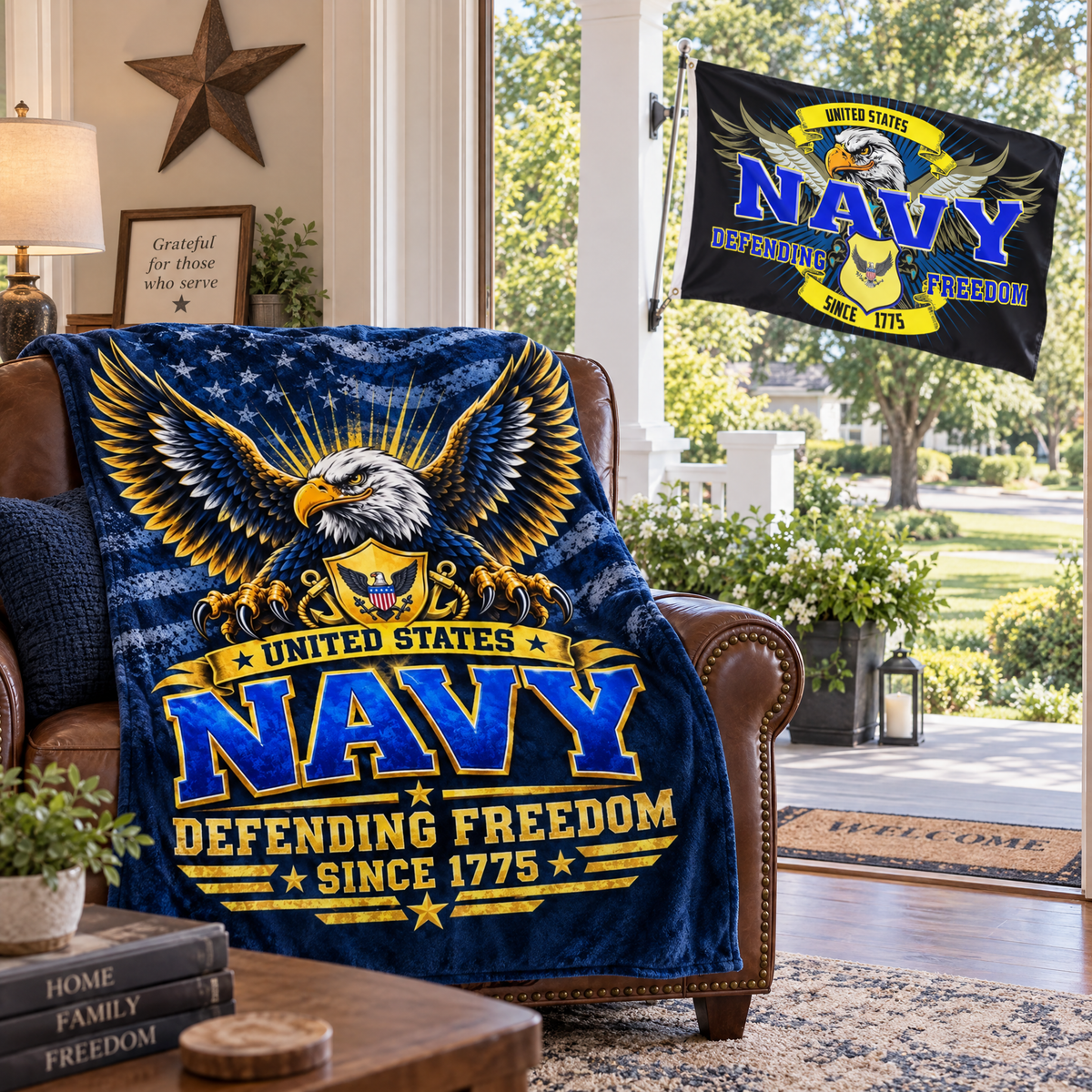 United States Navy Blanket + Navy Defending Freedom Flag Bundle