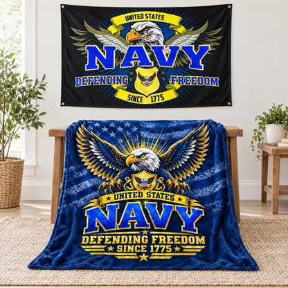 United States Navy Blanket + Navy Defending Freedom Flag Bundle