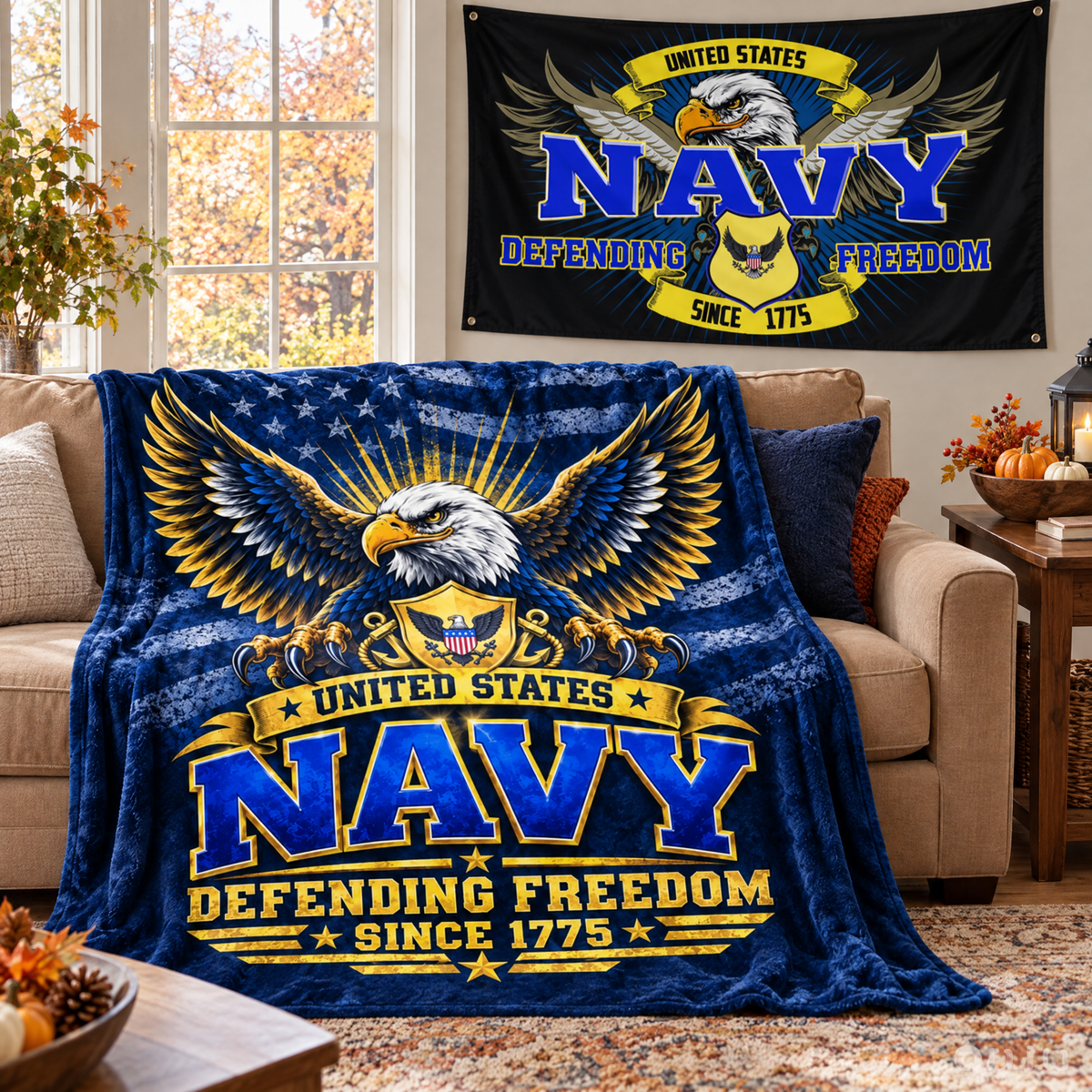 United States Navy Blanket + Navy Defending Freedom Flag Bundle