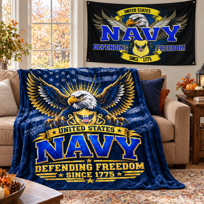 United States Navy Blanket + Navy Defending Freedom Flag Bundle