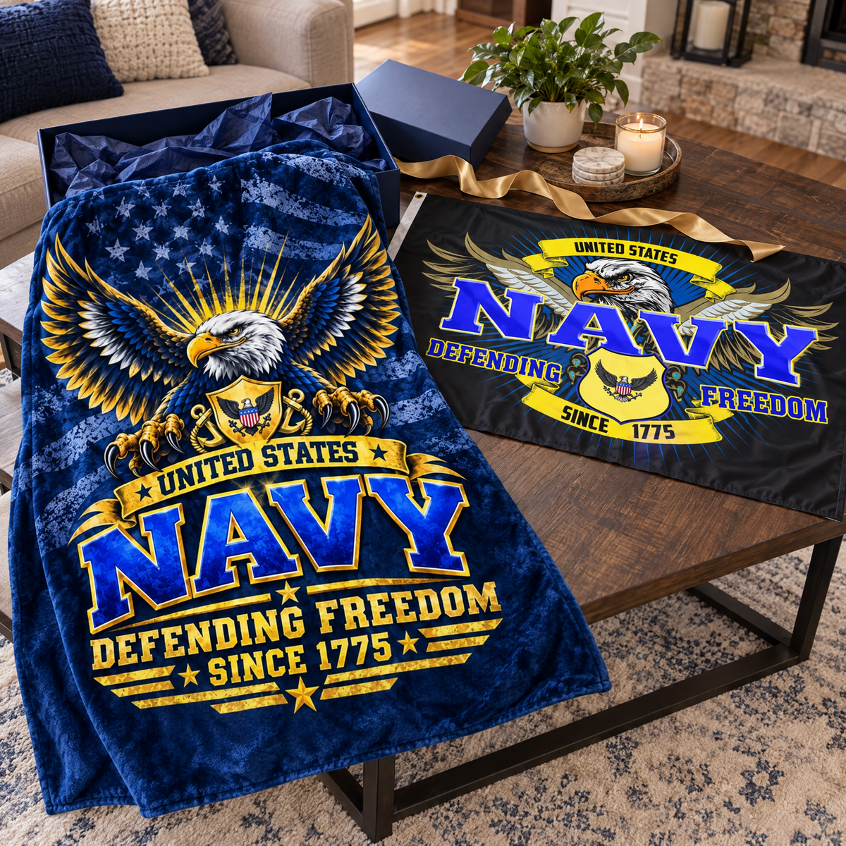 United States Navy Blanket + Navy Defending Freedom Flag Bundle