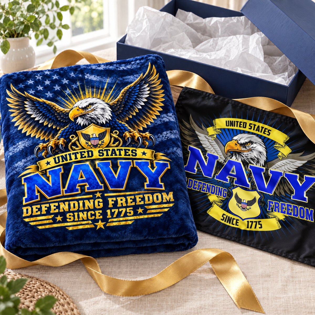 United States Navy Blanket + Navy Defending Freedom Flag Bundle