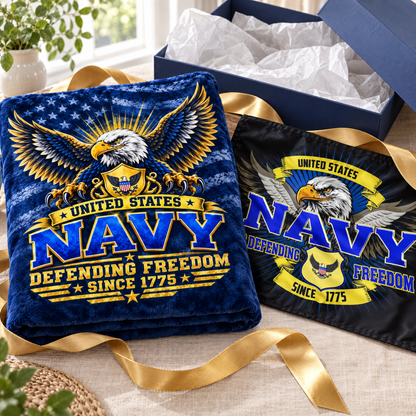 United States Navy Blanket + Navy Defending Freedom Flag Bundle