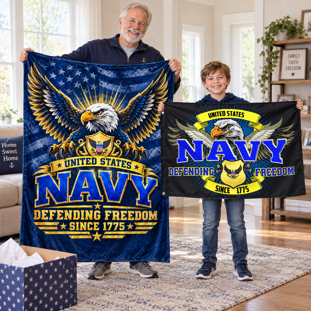 United States Navy Blanket + Navy Defending Freedom Flag Bundle