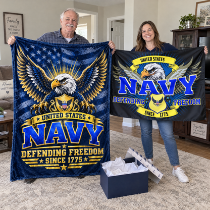 United States Navy Blanket + Navy Defending Freedom Flag Bundle